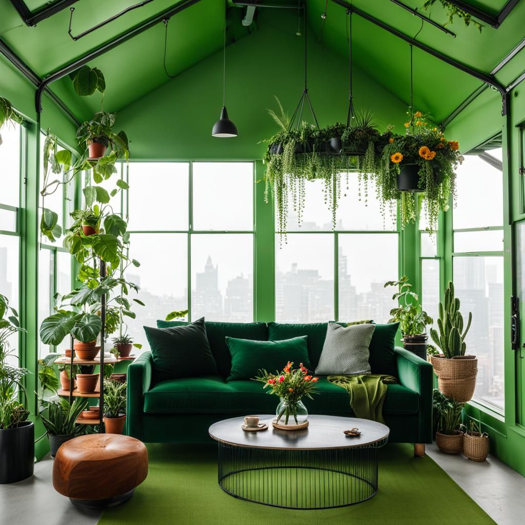 Beautiful green house loft Apartment with patio greenhouse with lots of beautiful plants inside& beautiful green walls w...