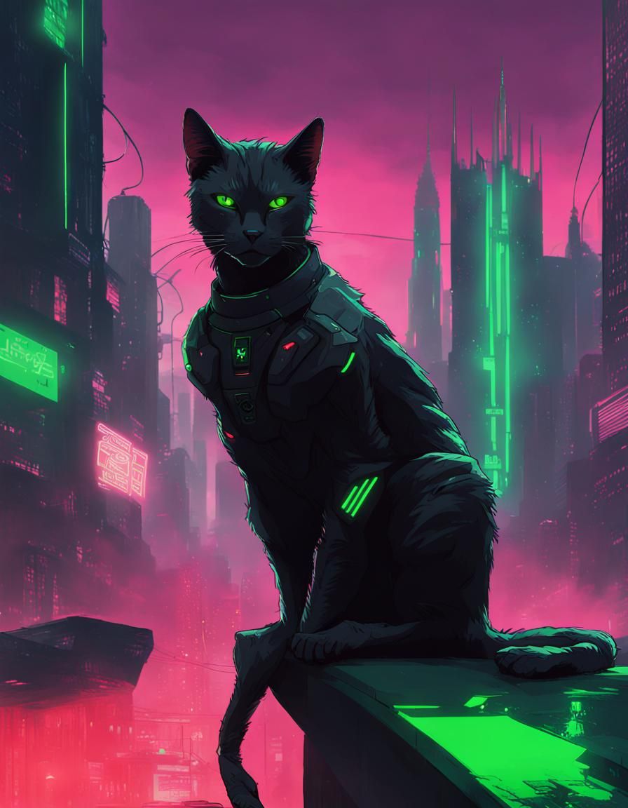 Cybernetic Black Cat in Dystopian City