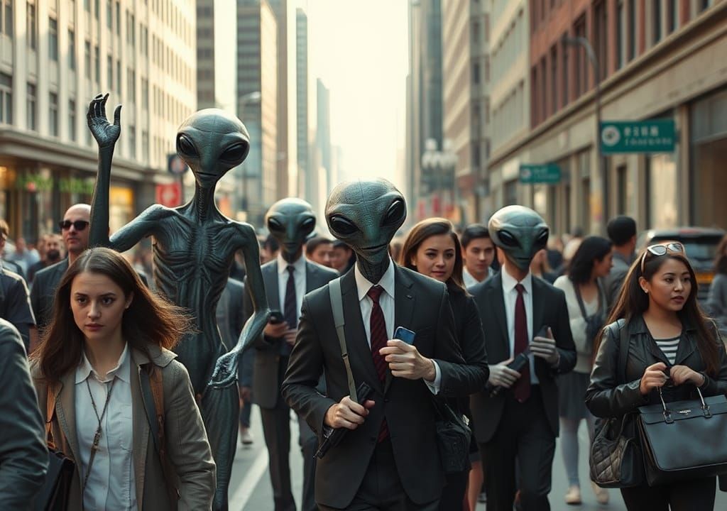 Aliens and Humans Commute in a Photorealistic City