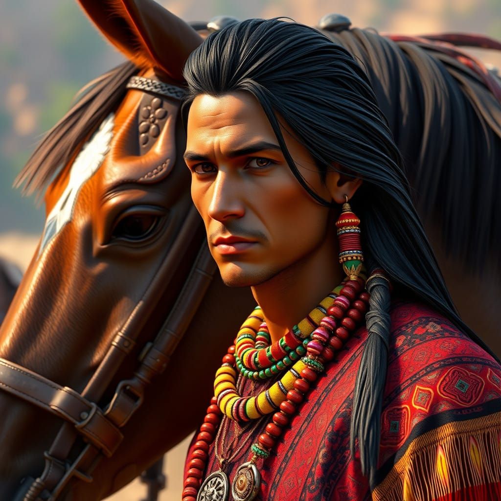 Dapper Indian Warrior with Majestic Horse in Vibrant Fantasy...
