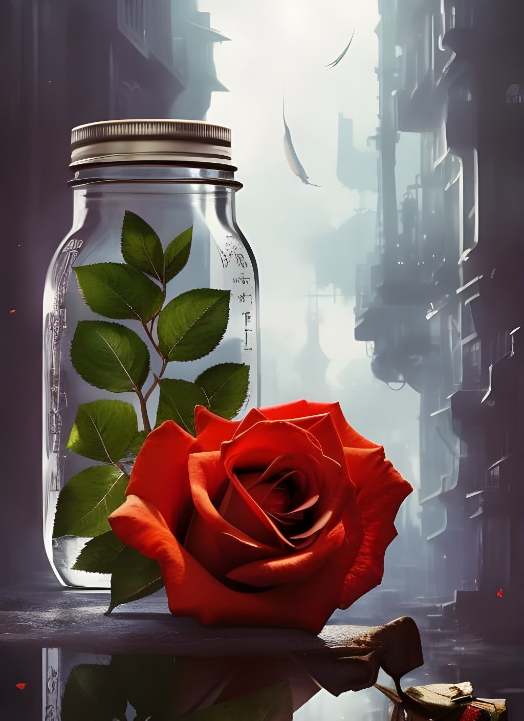 Celestial Rose in Mason Jar: Surreal Collage