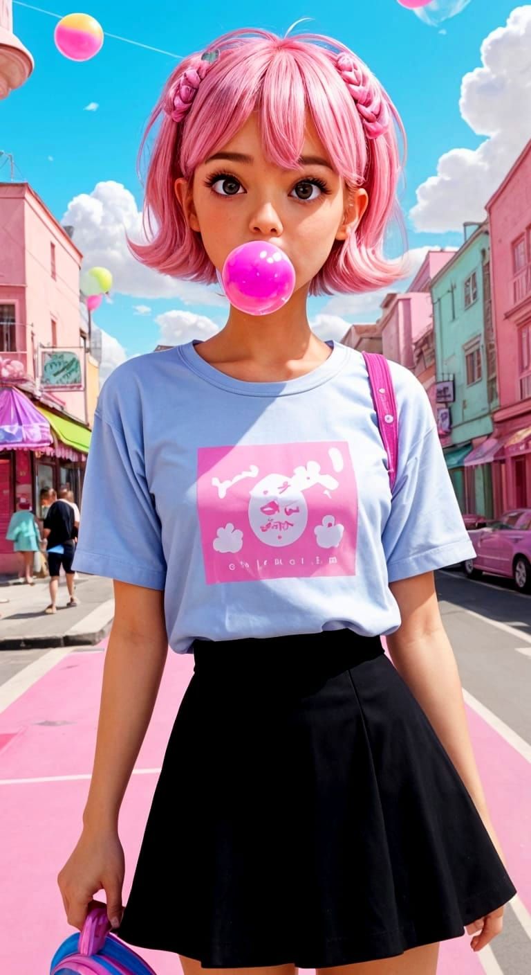 Whimsical Candy Art: Cute Tomboy Blows Giant Bubblegum in Pa...
