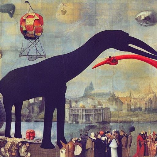 Diplodocus in Pizza Hat: Bosch and Rauschenberg Style