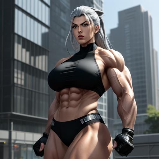 Muscular Woman in Cityscape, Anime Style
