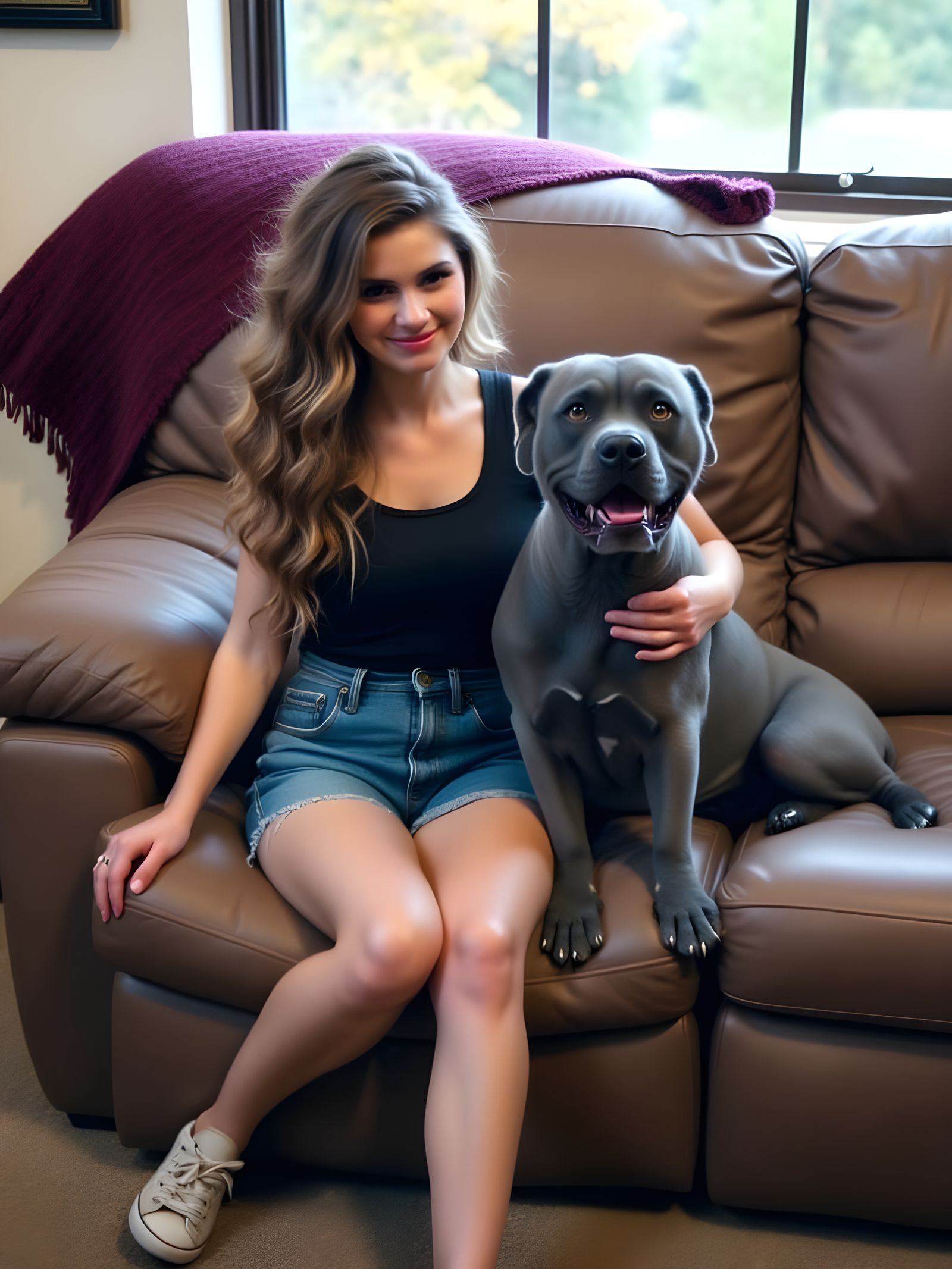 Young Wife Smiling with Dog in Cozy Basement Setting