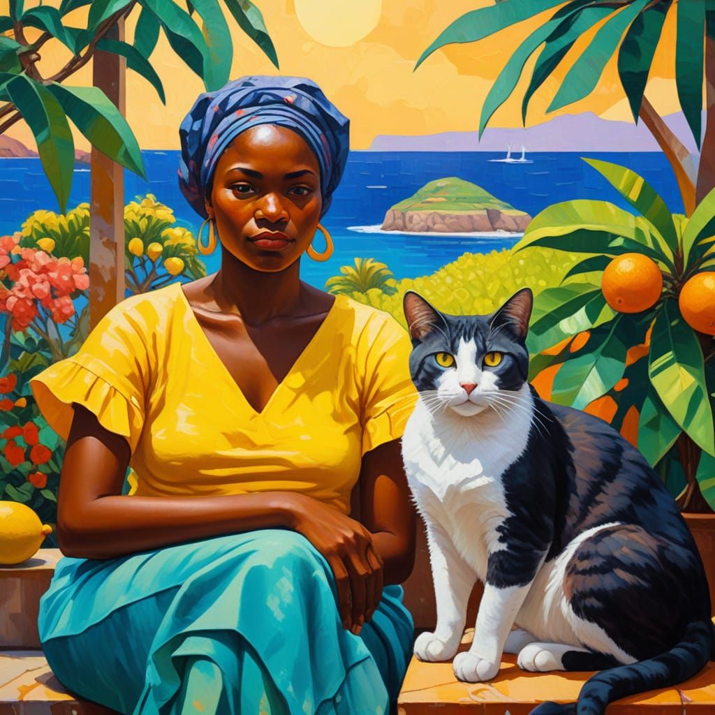 Gauguin-esque African Women and Cat by Lemon Tree