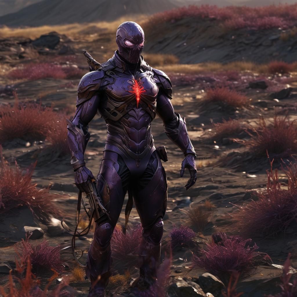 Damaged Symbiote Soldier in Dark Fantasy Landscape