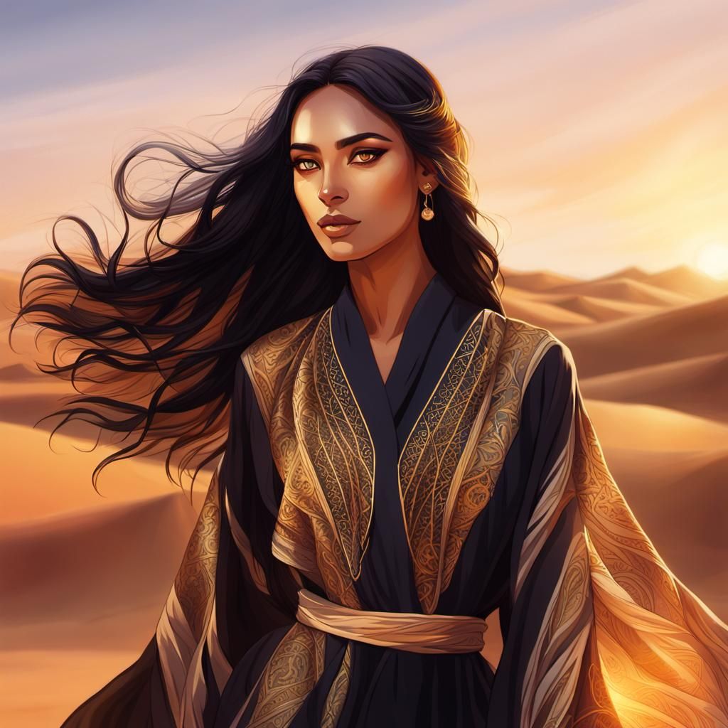 Saudi Girl Portrait in Desert Sunset, Art Nouveau Style