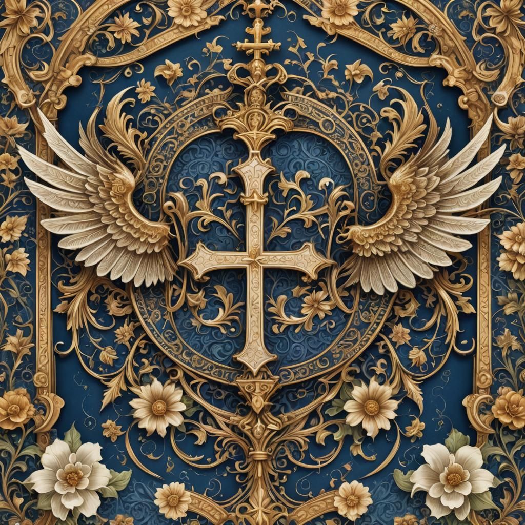 Gothic Coat of Arms with Golden Cross and Wings