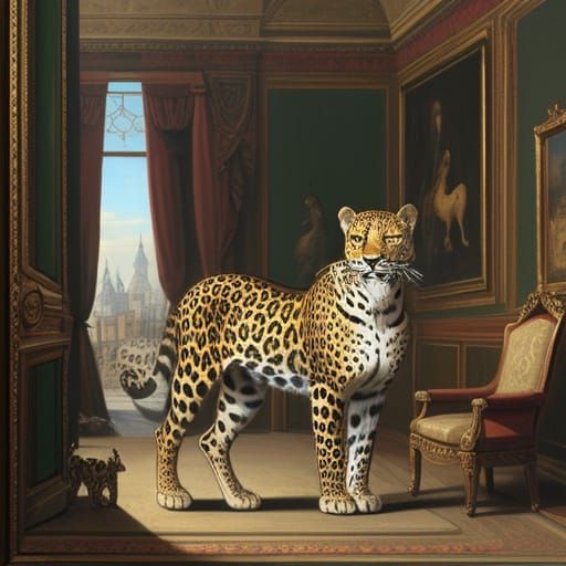 A leopard in the oil on canvas style of Canaletto.