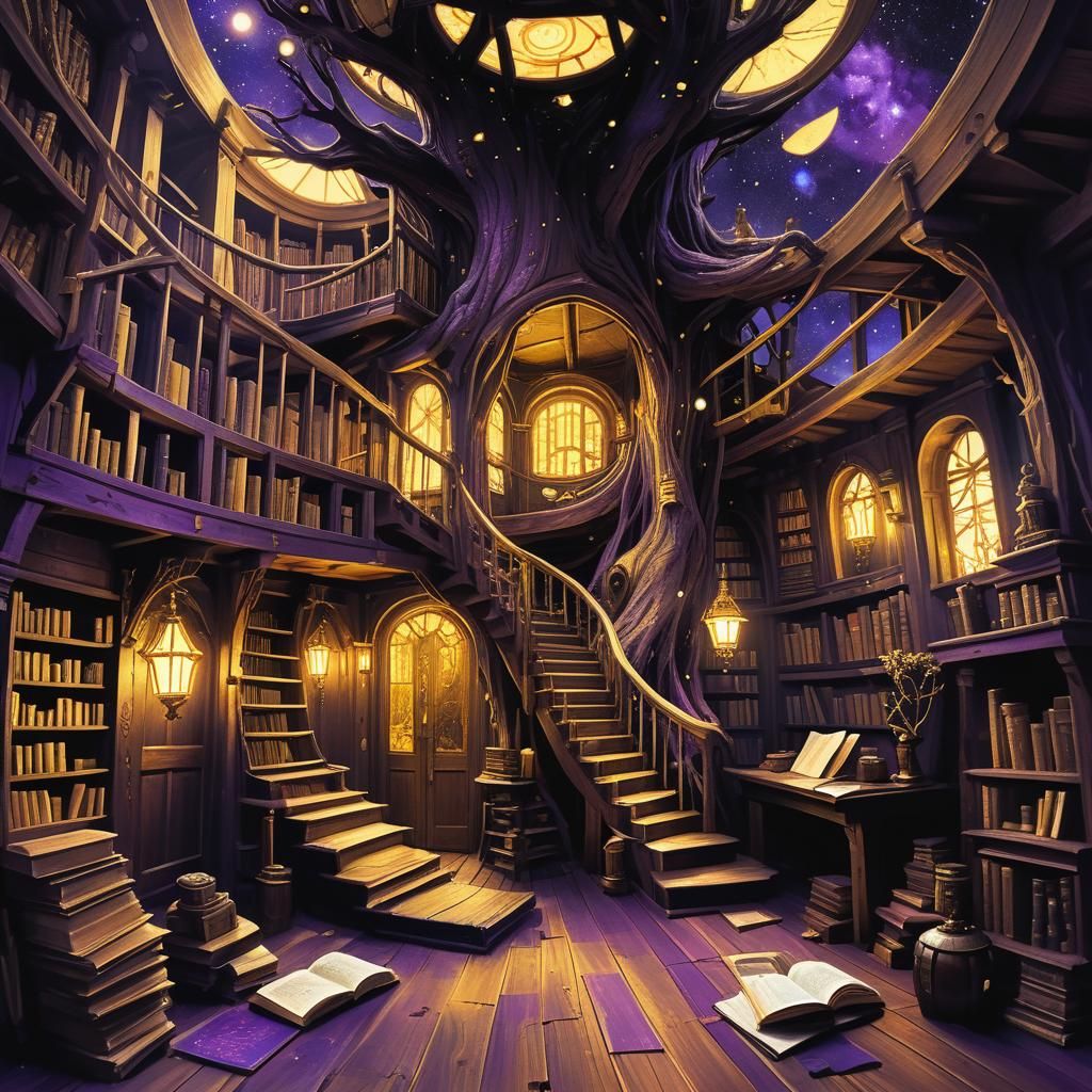 Dark Fantasy Treehouse Interior with Mystical Artifacts