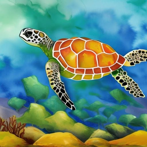 Sea Turtle in Gouache Watercolor Style
