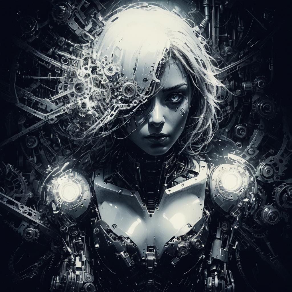Robot Girl Contemplation: Expressionistic Monochrome Portrai...