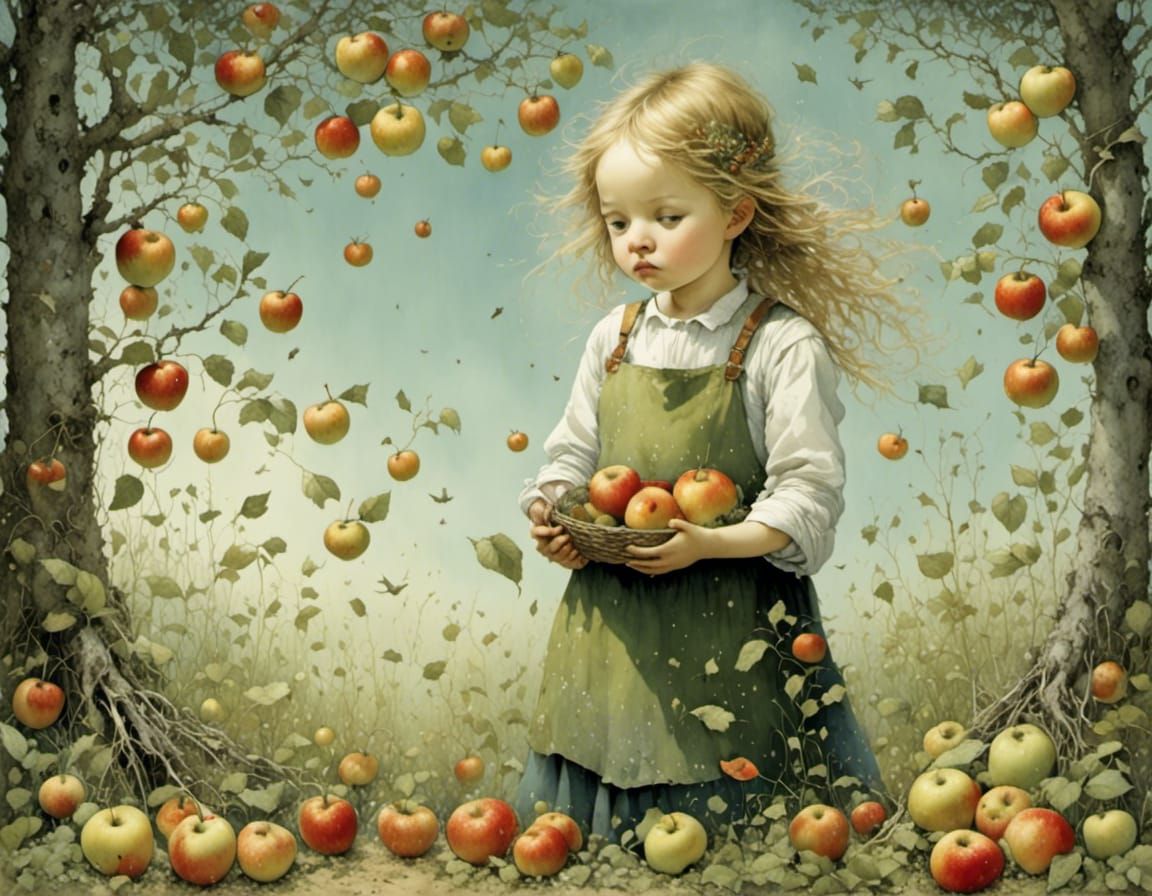 Girl Collecting Apples in a Golden World
