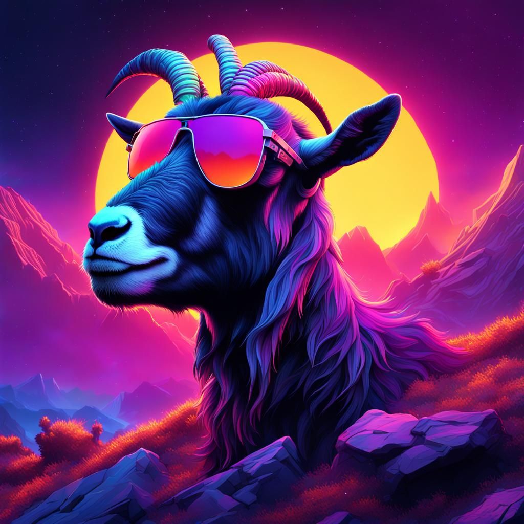 Goats with Sunglasses Under Neon Moon