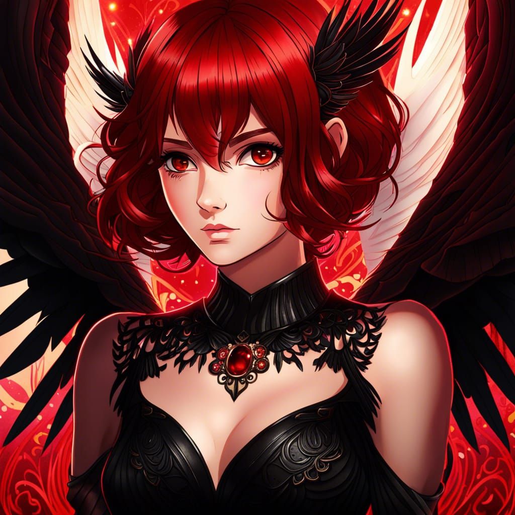 Anime Woman with Red Hair and Black Angel Wings