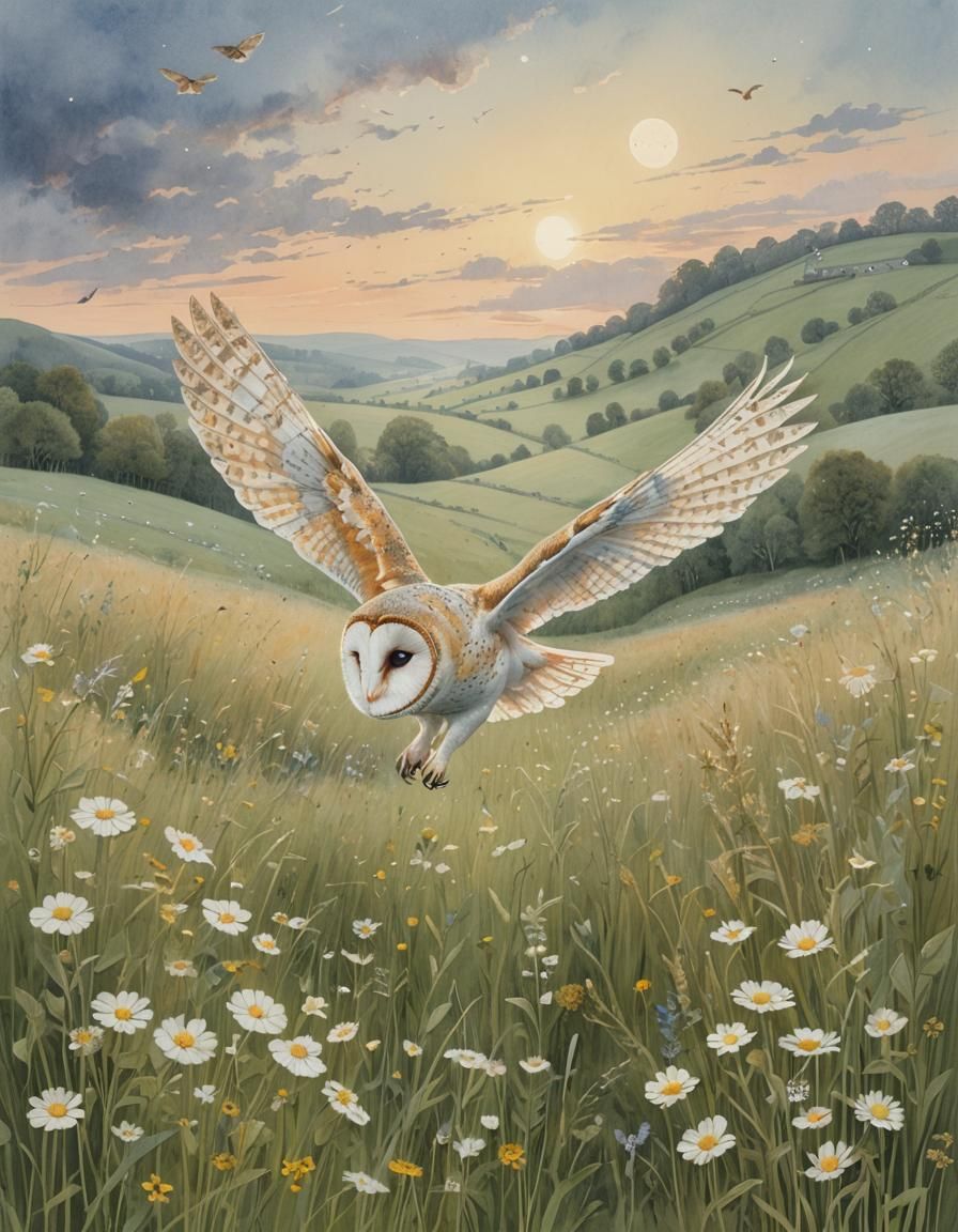 Barn Owl Flight Over Dawn Meadow