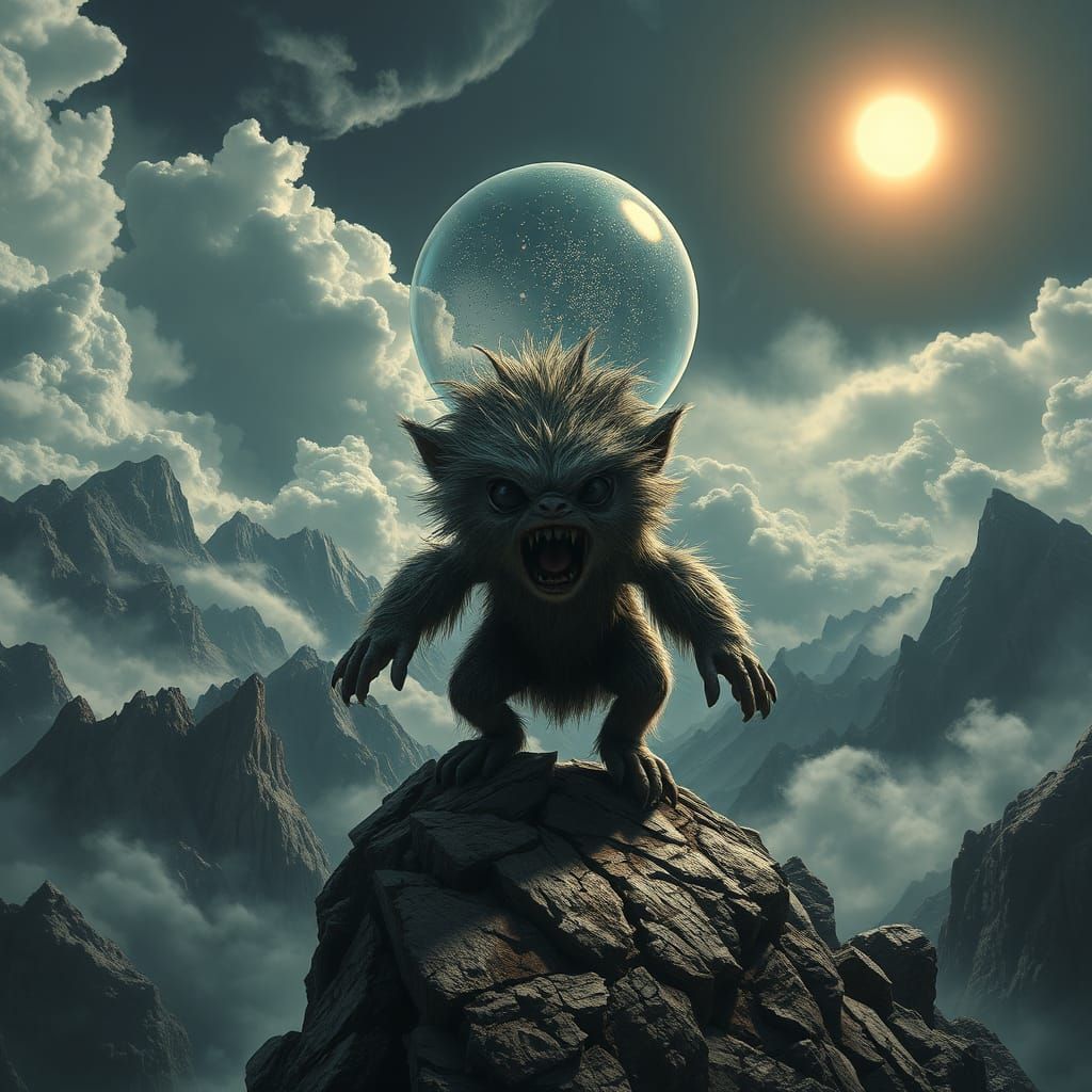 Feral Creature with Bubble in Dramatic Fantasy Landscape
