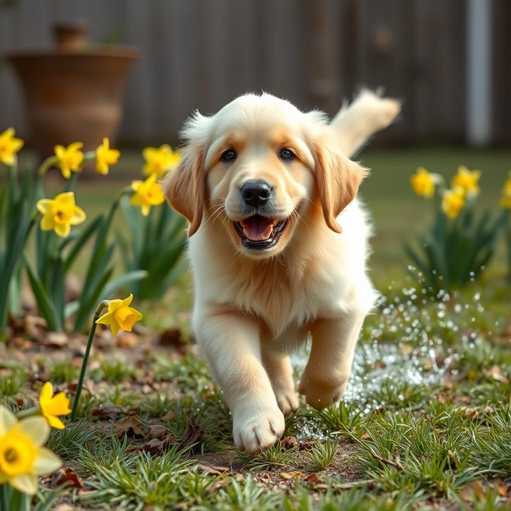 Golden Retriever Puppy Dances Amidst Vibrant Daffodils