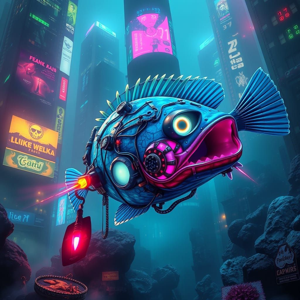 Cybernetic Anglerfish in Bioluminescent Cyberpunk Cityscape