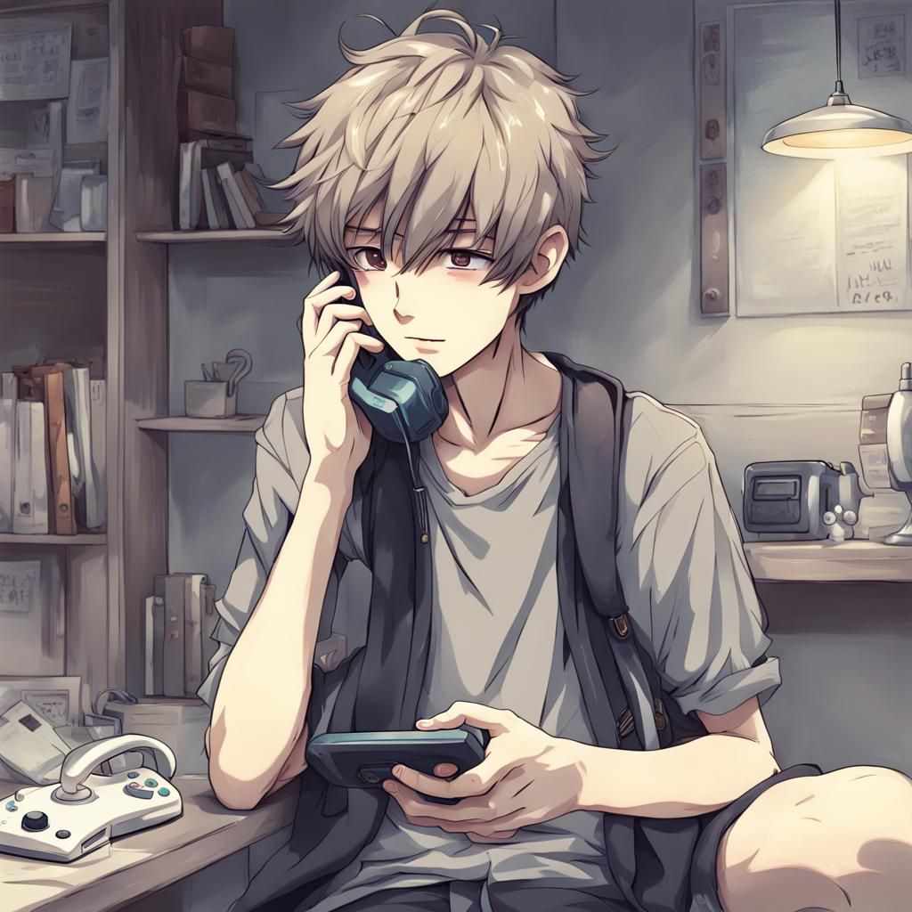 Boy Playing Phone in Anime Style