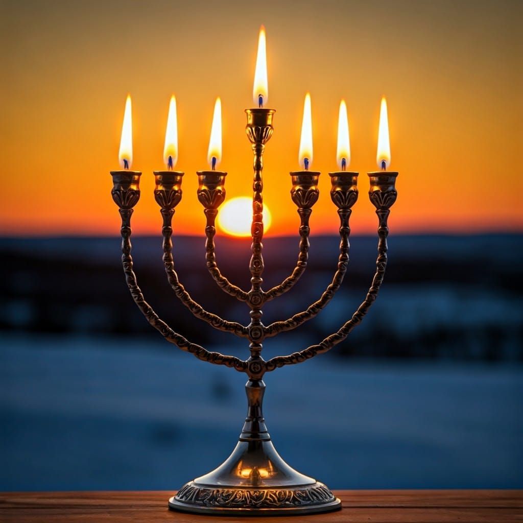Silver Hanukkah Menorah in Winter Landscape