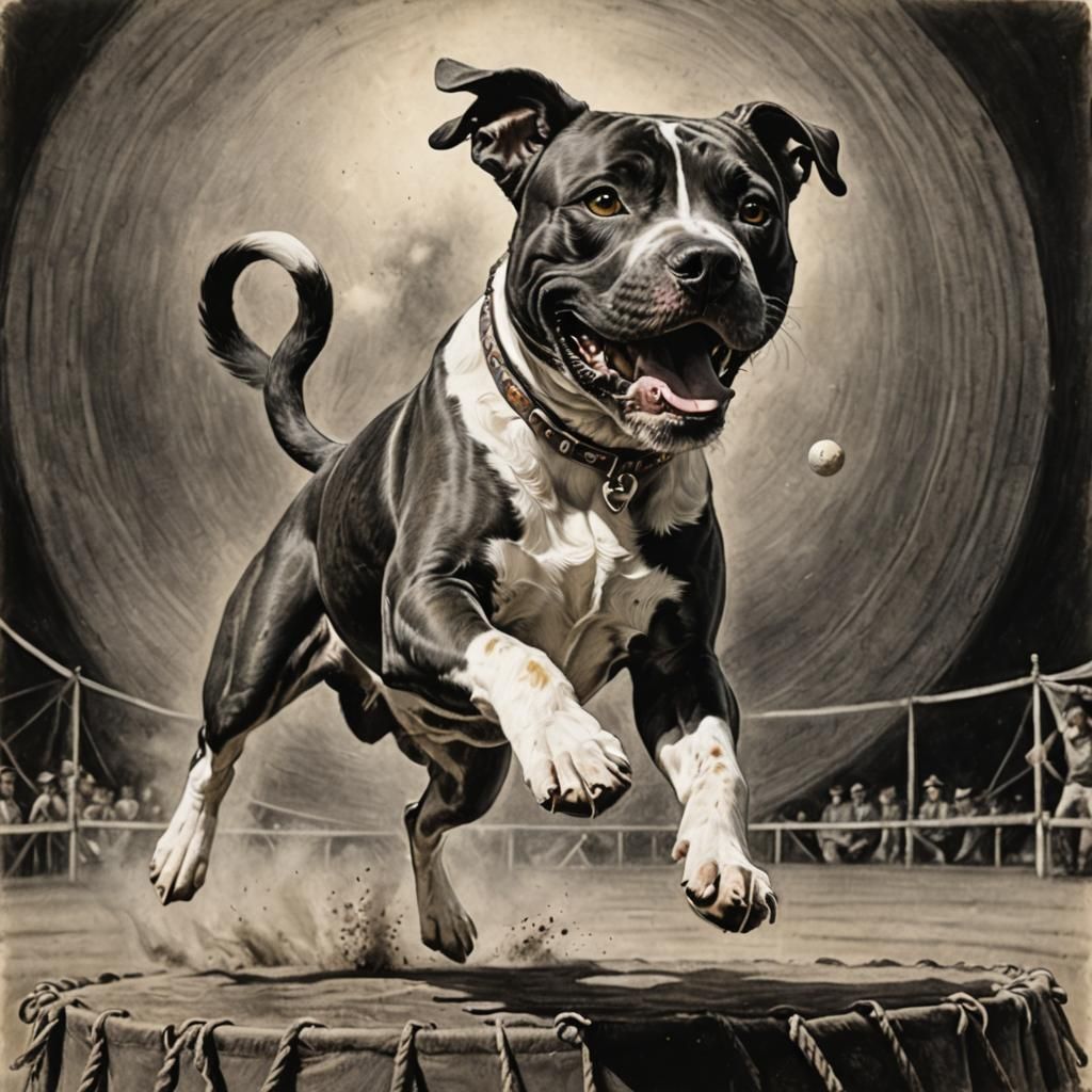 Joyful Staffordshire Terrier Jumps Through Circus Ring