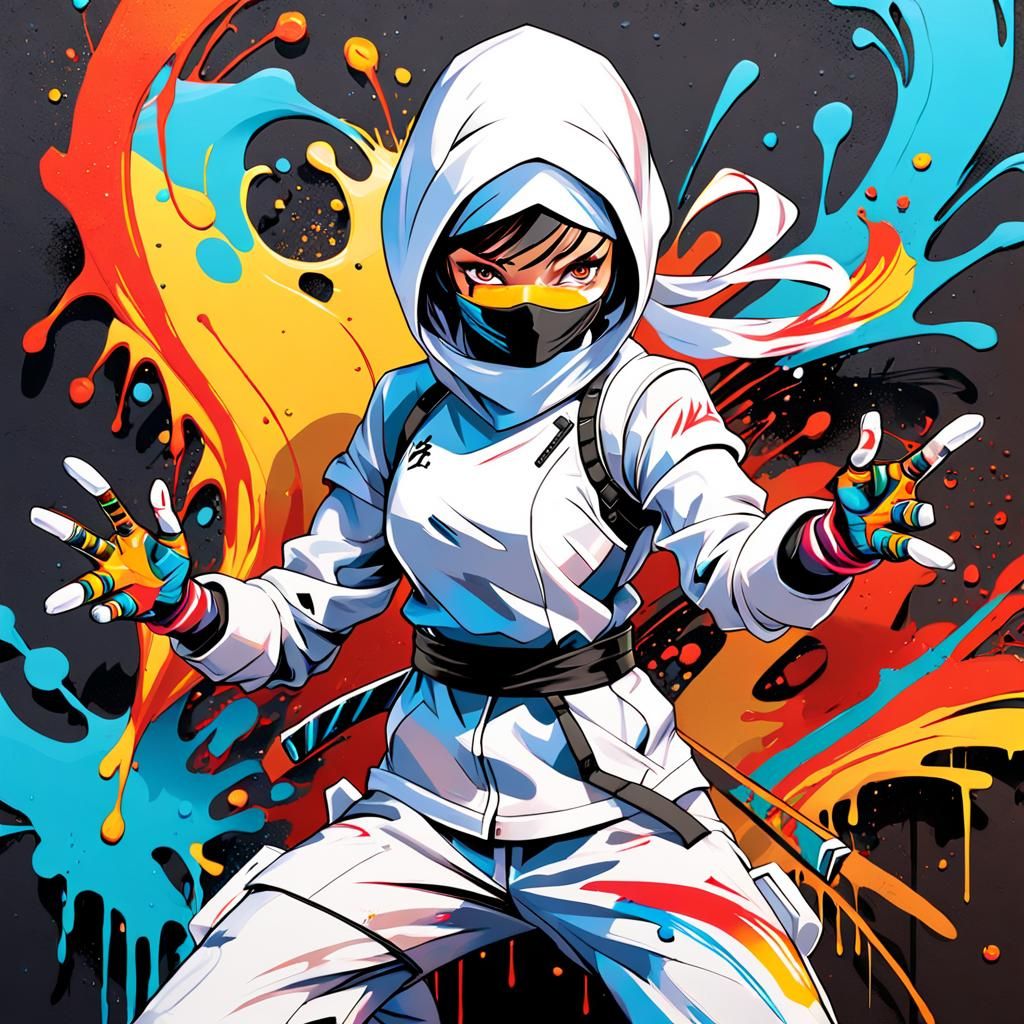 Confident Ninja in Graffiti-Inspired Street Art