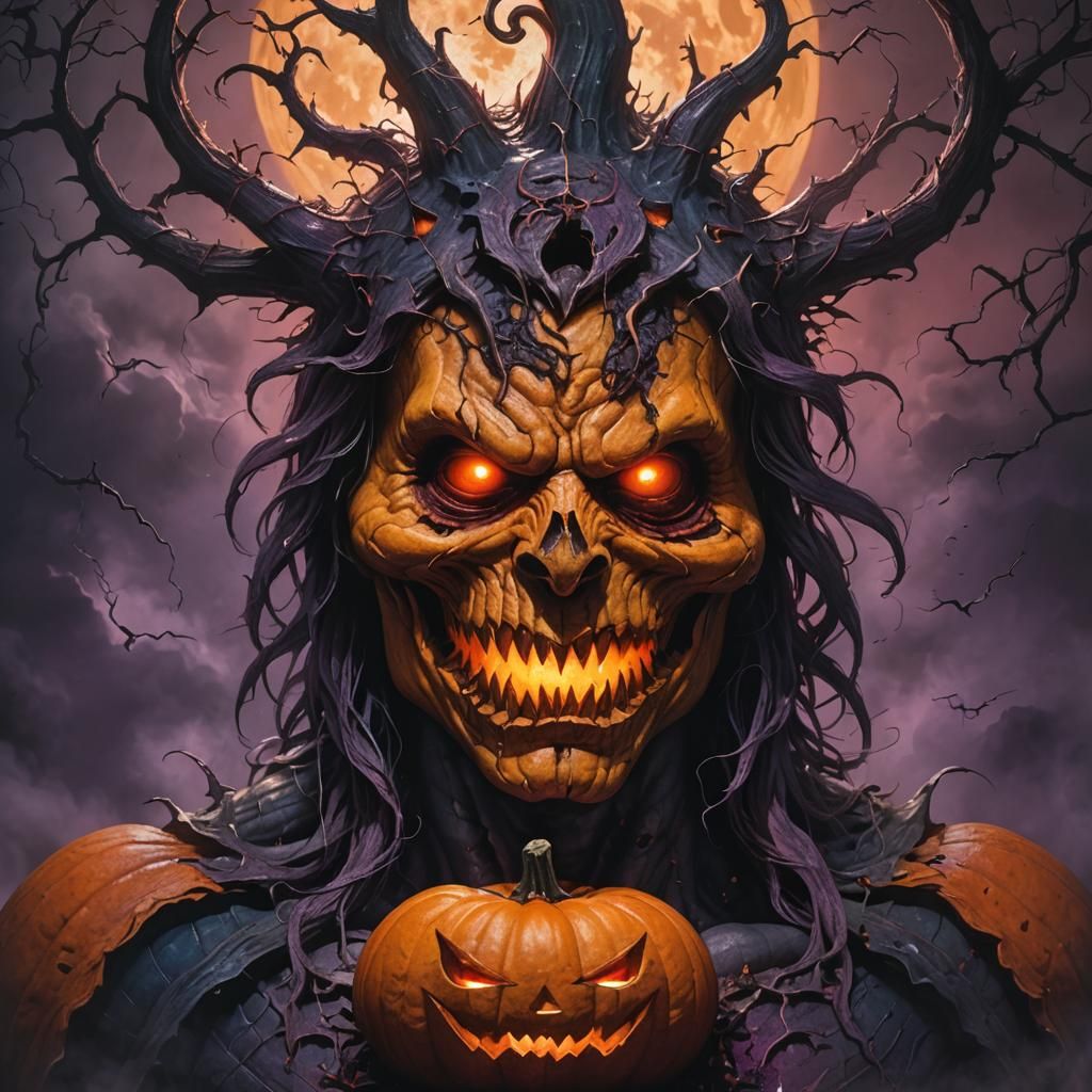Grotesque Pumpkin-Headed Creature in Dark Fantasy Art