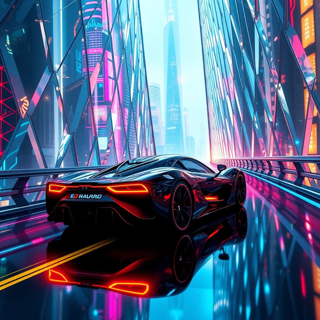 Futuristic Car on Diamond Bridge in Neon Cityscape