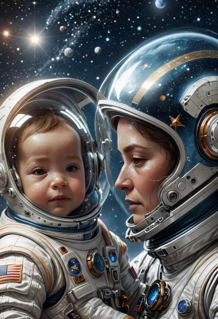 Mother and Baby in Space: Hyper-Realistic Digital Art