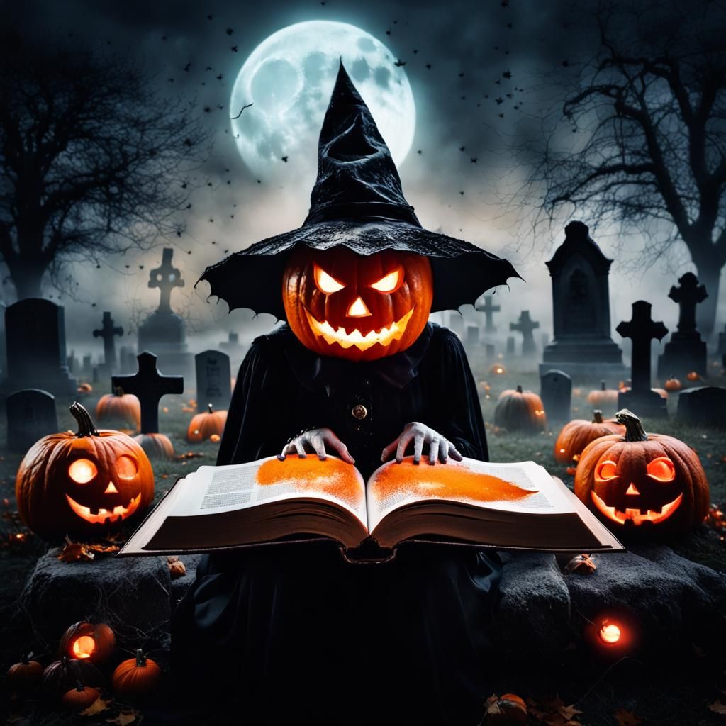 Eerie Graveyard Pumpkin with Open Book: Gothic Horror