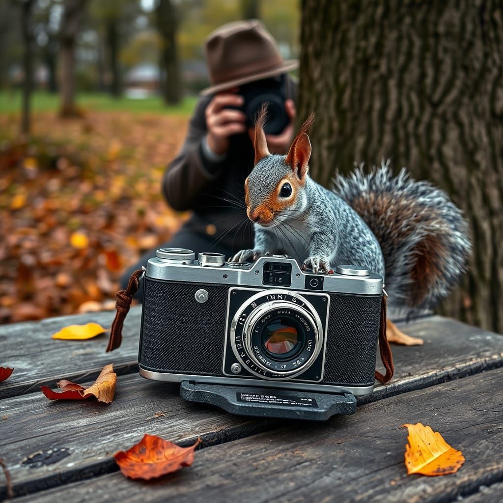 Squirrel Stares into Vintage Camera Lens