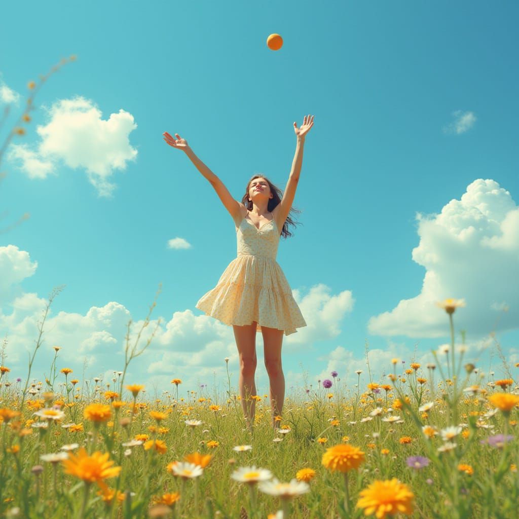 Woman Catches Ball: Hyperrealistic Digital Art