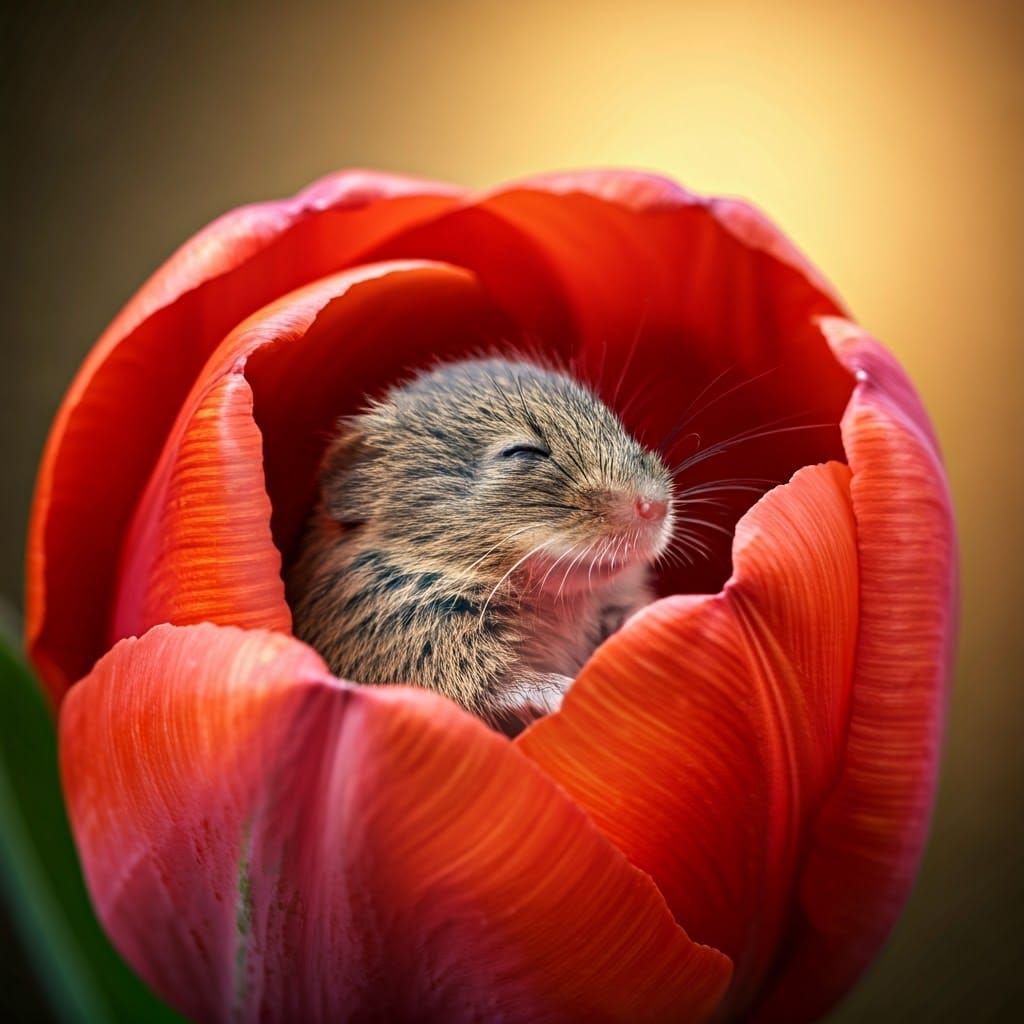 Harvest Mouse Sleeping in Red Tulip, Macro Photography