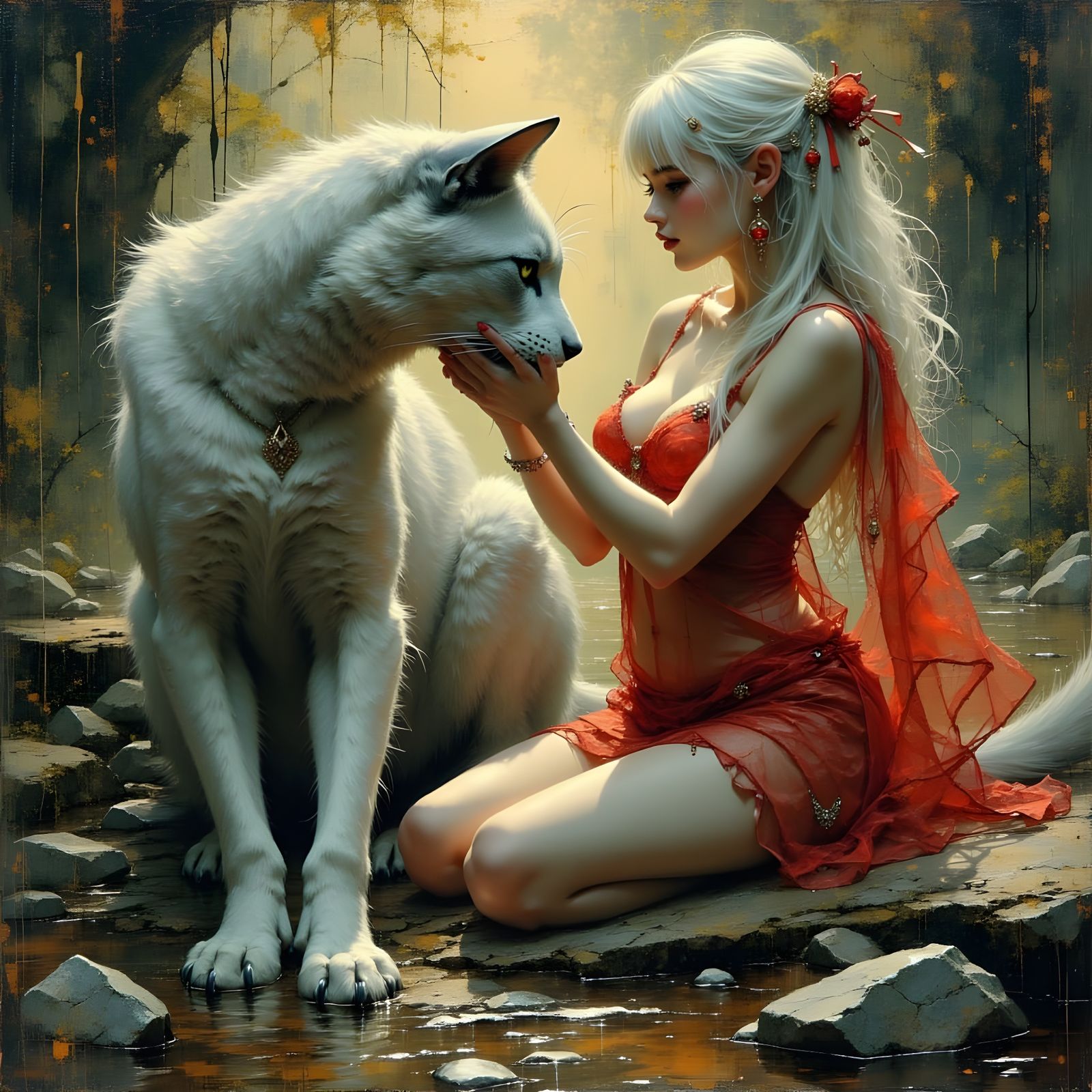 Silver Wildcat Greets River Sprite: Da Vinci Style