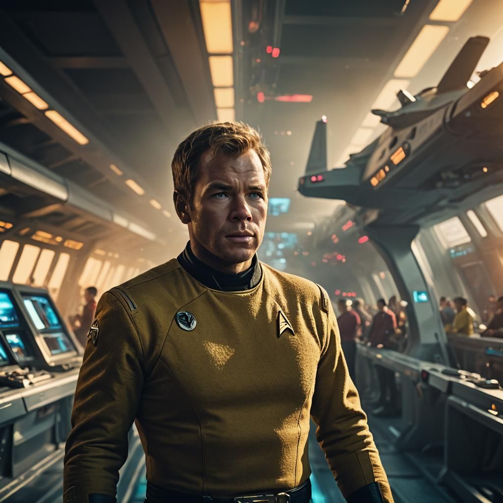 Captain Kirk on the Bridge in Cinematic Sci-Fi Style