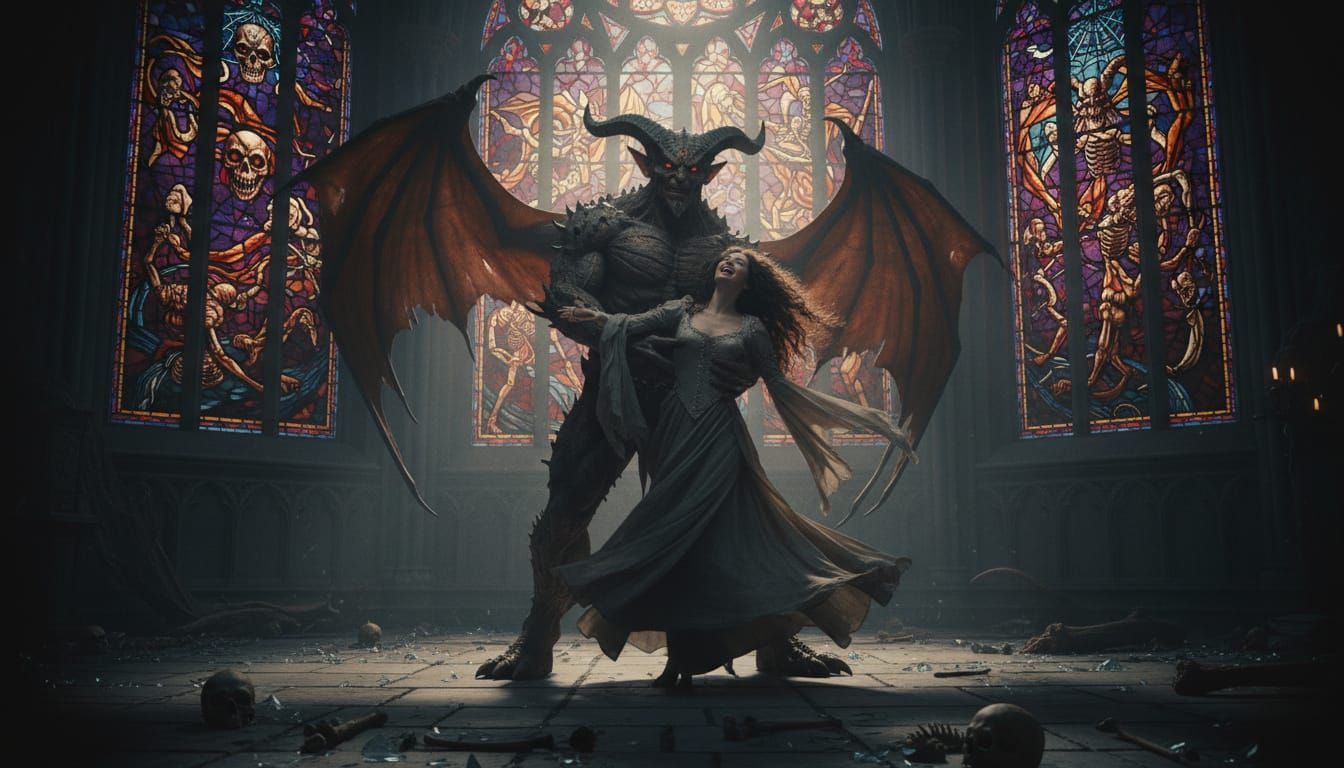 Woman Dances with Demon in Gothic Cathedral