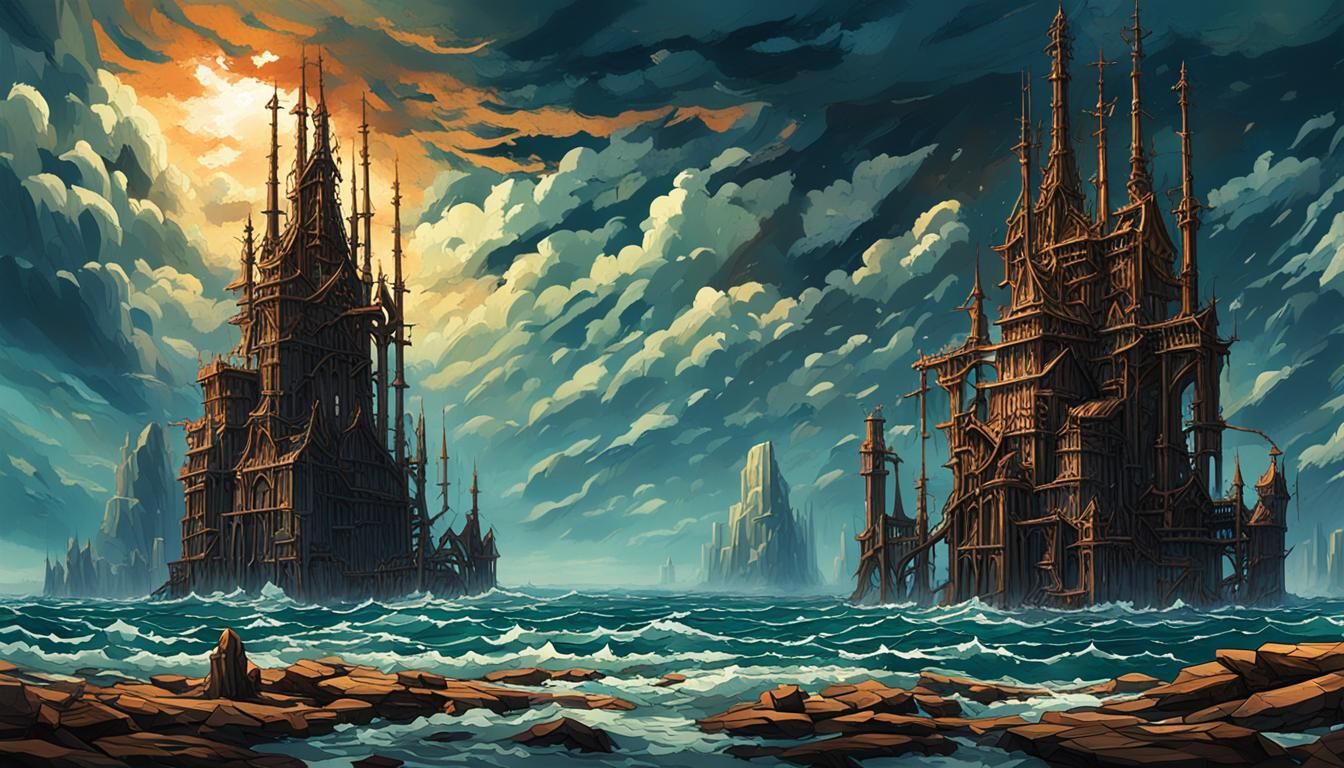 Anime Spires Rise from Stormy Sea in Turner Style