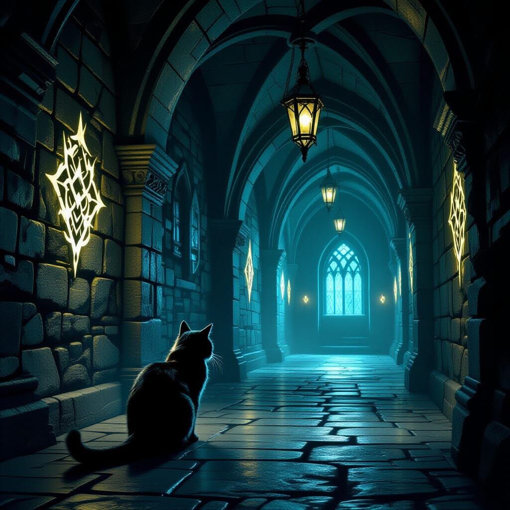 Mysterious Cat Amidst Glowing Sigils in Castle Corridor