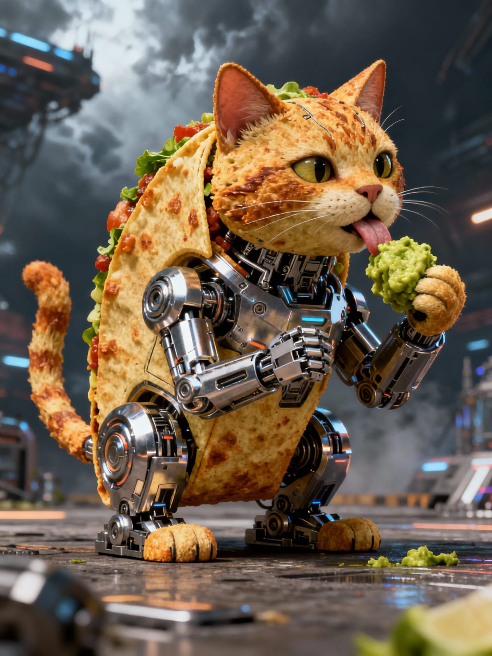 Sci-Fi Tacocat Licking Guacamole in Futuristic Style