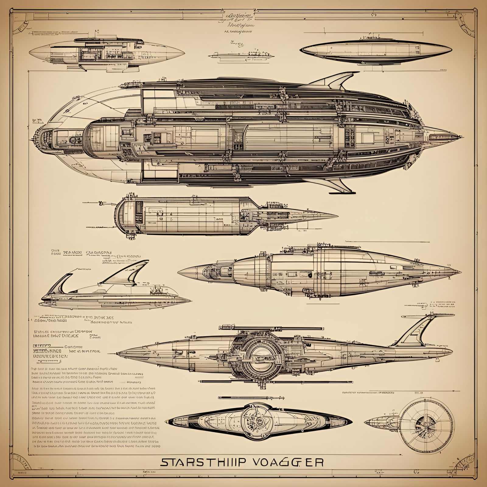 Starship Voyager: Retro Steampunk Blueprint from the 1950s