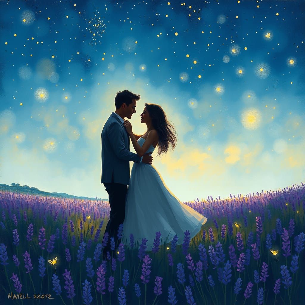 Romantic Couple Dancing Under Starlit Sky as Impressionistic...