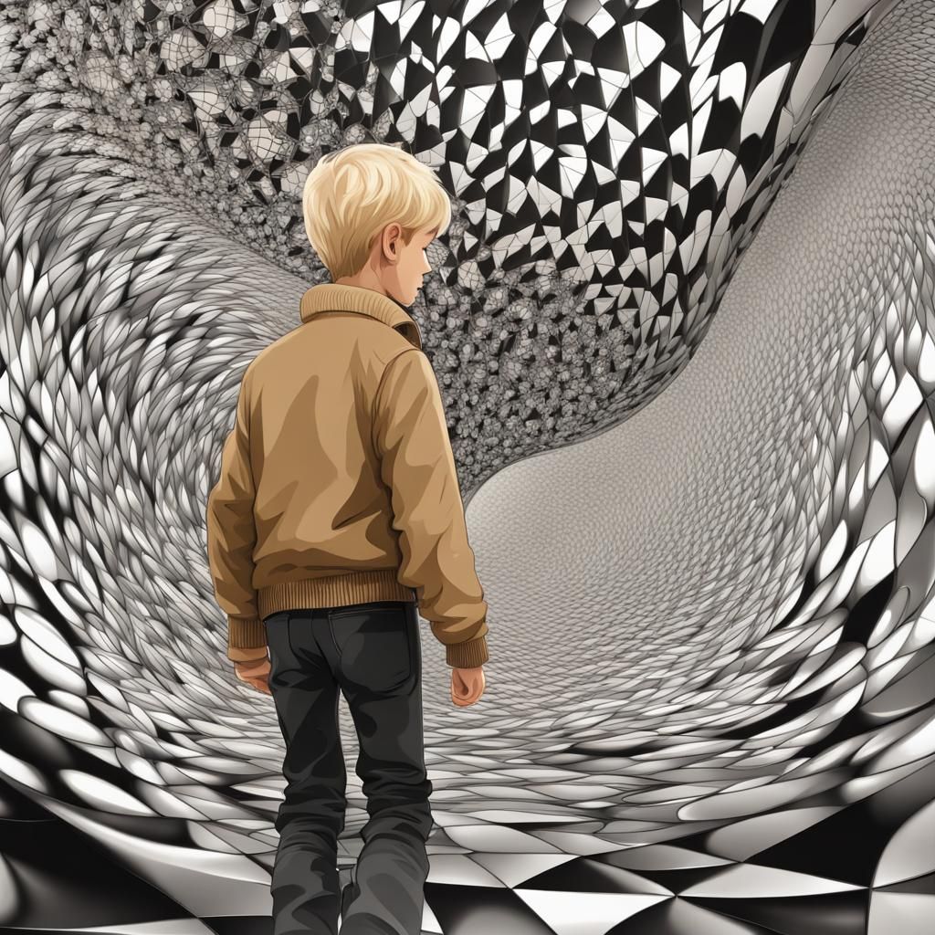 Boy in Guinness Jacket Walking in Mall: Abstract Vector Art