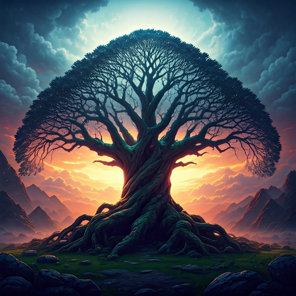 Ancient Tree in Dreamlike Landscape