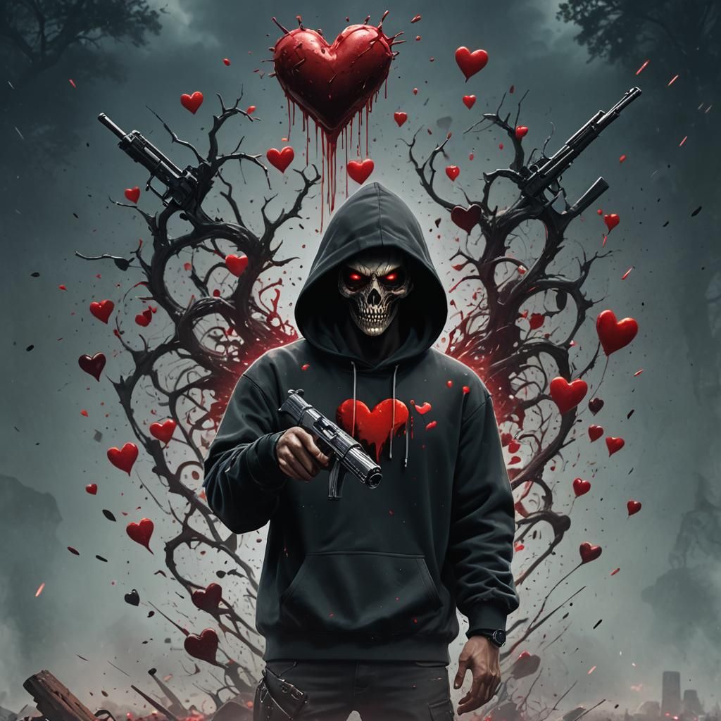 Disturbing Image of Man Holding Gun and Heart