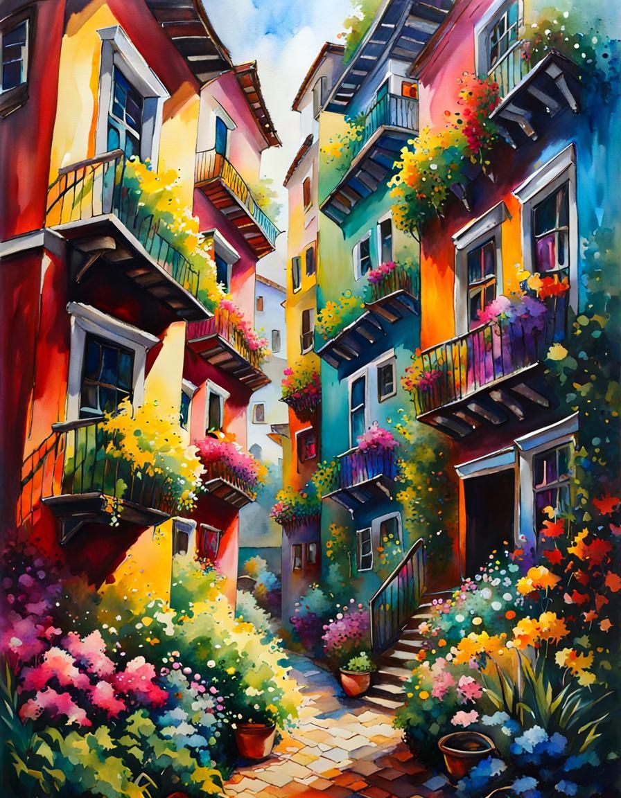 Italian Landscape: Colorful Watercolor Street Art