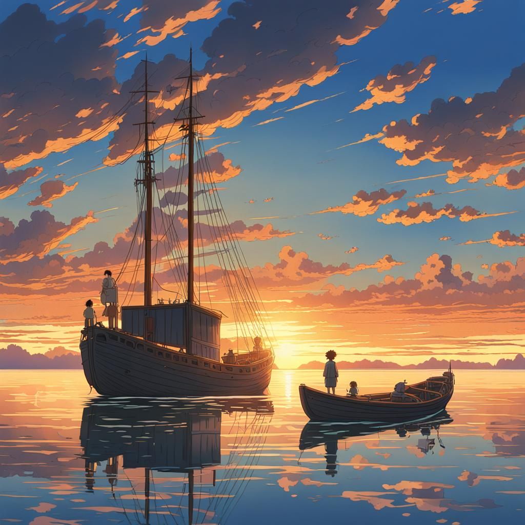 Sunset Boat: Studio Ghibli Anime Key Visual