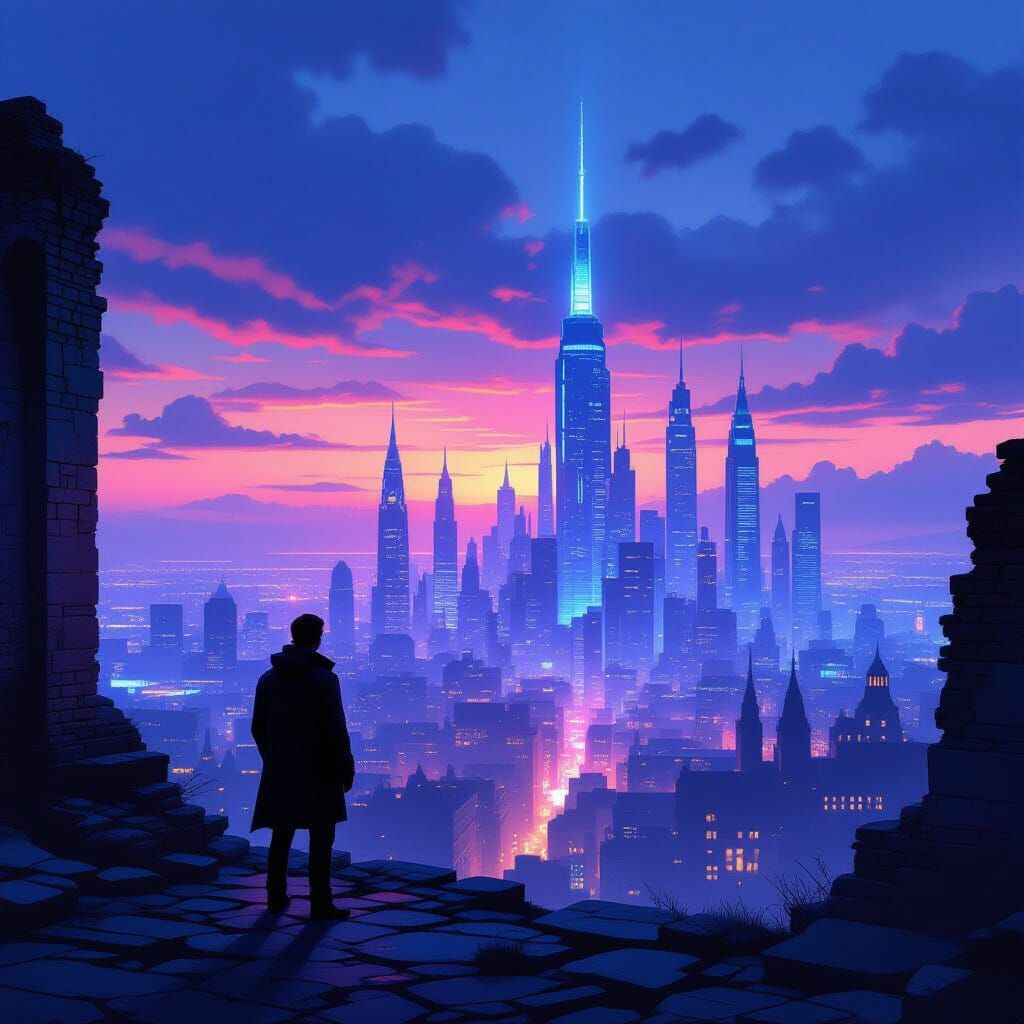Man on Ancient Ruin Overlooking Neon Futuristic City