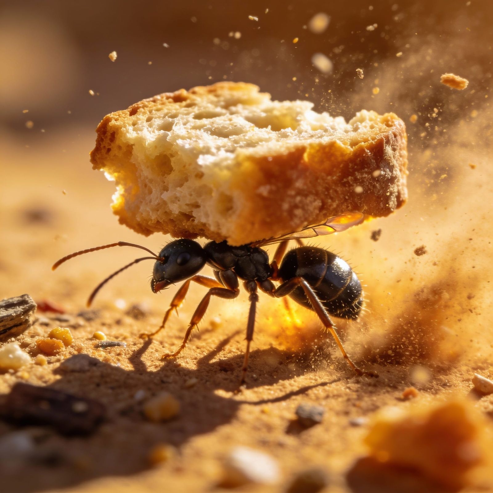 Macro Photo: Ant Carries Bread Crumble in Desert